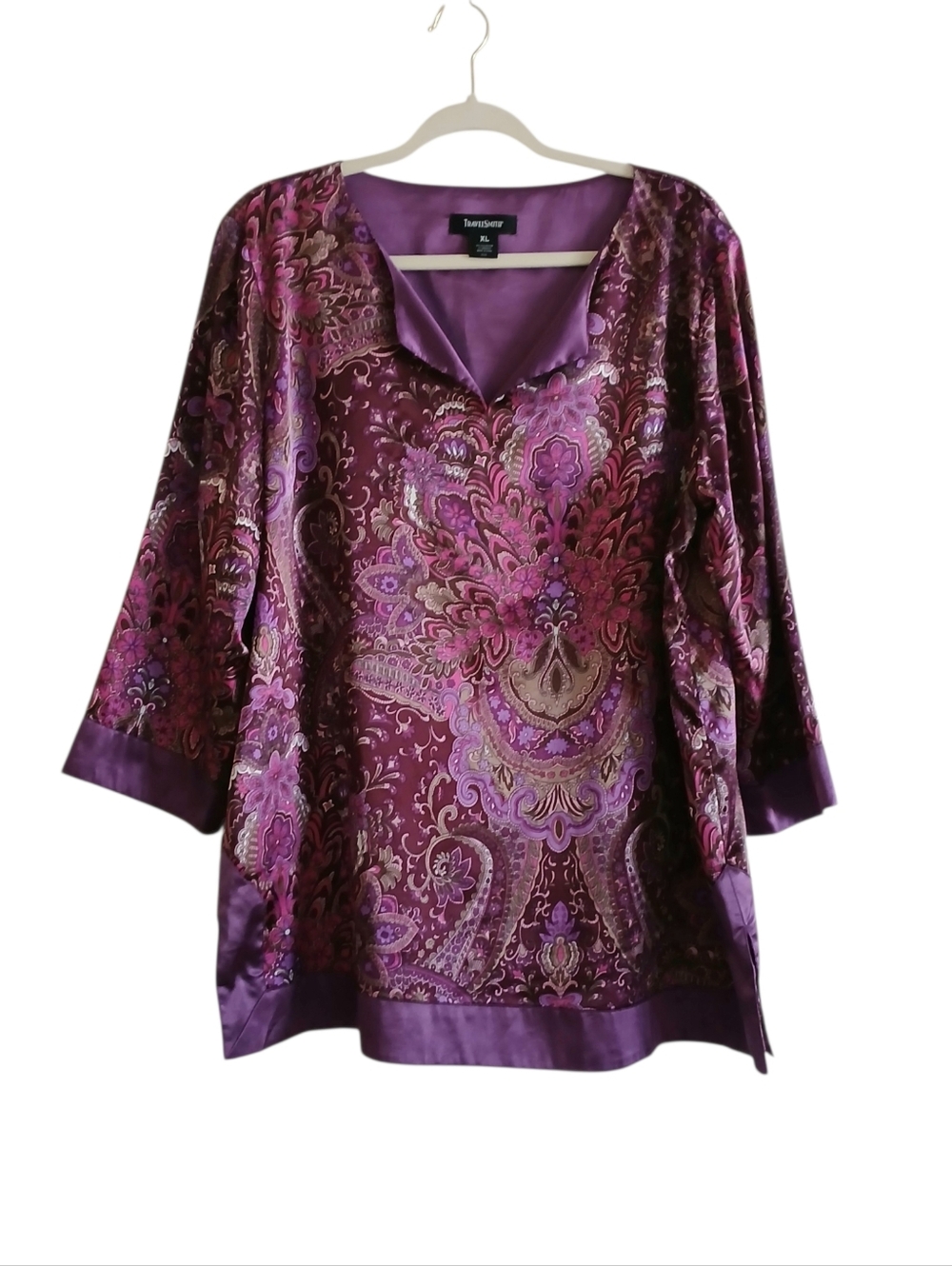TRAVELSMITH Paisley Satin Tunic Women's XL Purple Kimono Travel V Neck Comfy